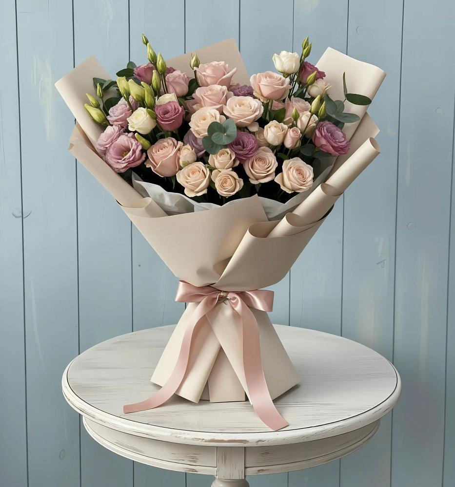 Букет бодрость в Новые Дома Букет цветов из: Розы и Лизиантусы в Новые Дома